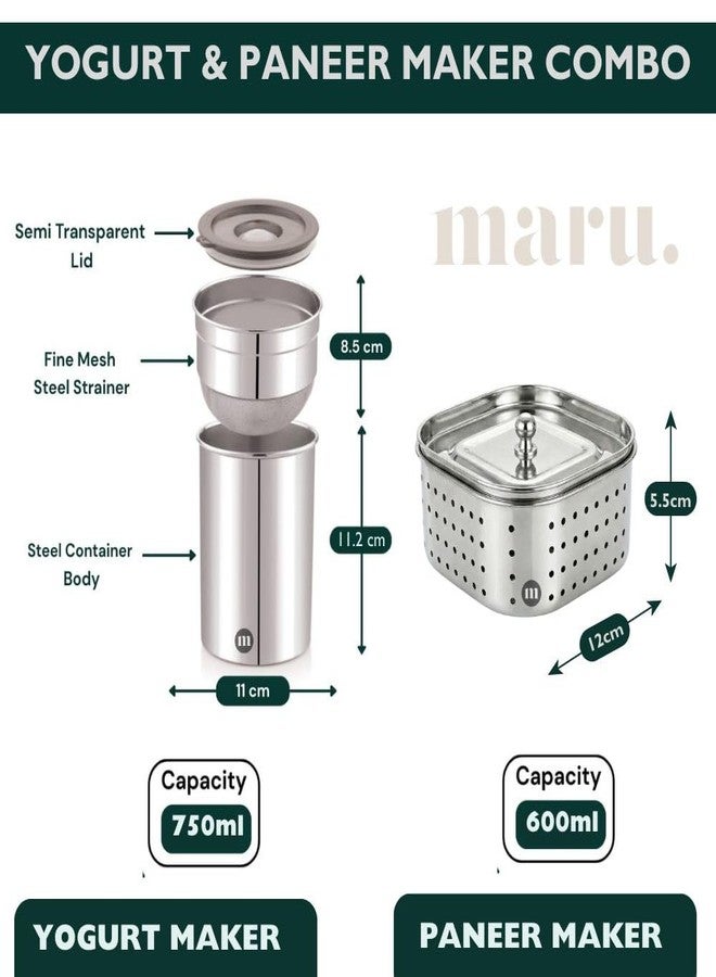 Maru Stainless Steel Yogurt Maker 750ml & Paneer Maker 600ml Combo Set, Easy to Use Hung Curd Maker, Greek Yogurt & Fresh Paneer & Sprouts Making Strainer, Durable Dairy Straining Tools - Image 2
