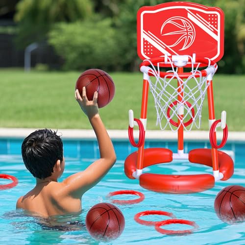 spring flower SpringFlower Pool Basketball Hoop with Backboard Floating Basketball Pool HoopKids Adults Swimming Pool Game with Ring Toss 2 Pcs Balls and Pump Red - Image 1