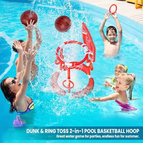 spring flower SpringFlower Pool Basketball Hoop with Backboard Floating Basketball Pool HoopKids Adults Swimming Pool Game with Ring Toss 2 Pcs Balls and Pump Red - Image 5