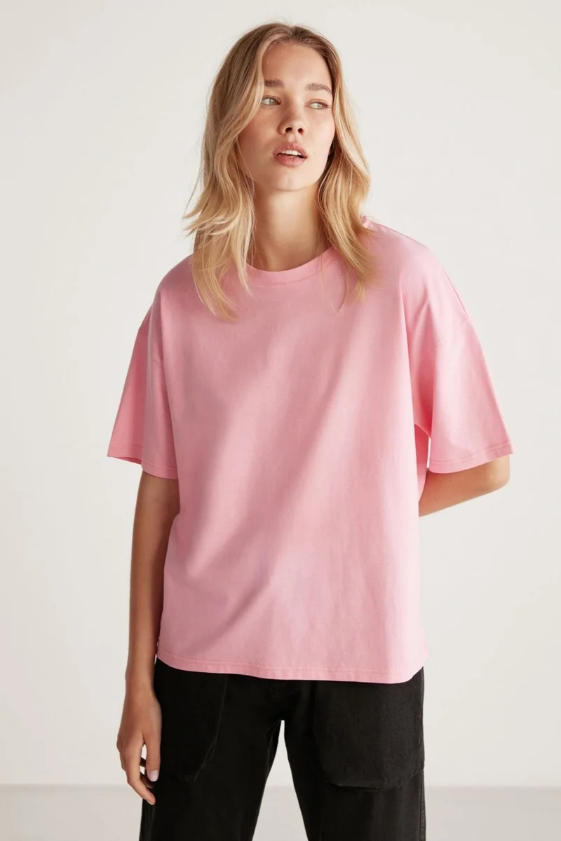 جريميلانج Jemmy Women's Basic Jersey Woven Relaxed 100% Organic Cotton Light Pink T-shirt