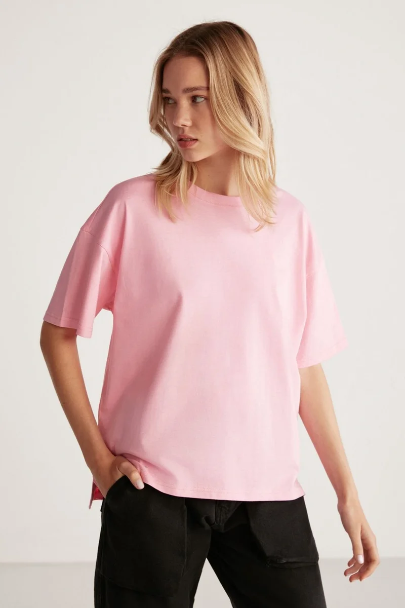 جريميلانج Jemmy Women's Basic Jersey Woven Relaxed 100% Organic Cotton Light Pink T-shirt