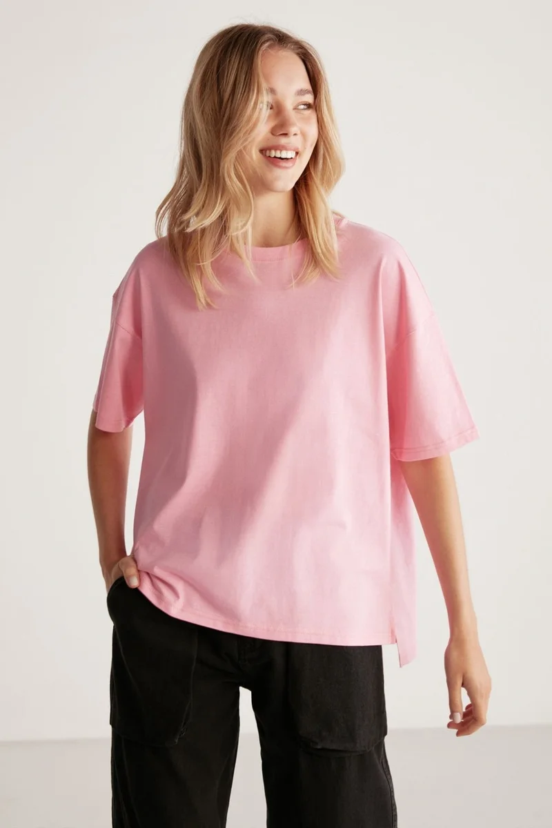 جريميلانج Jemmy Women's Basic Jersey Woven Relaxed 100% Organic Cotton Light Pink T-shirt