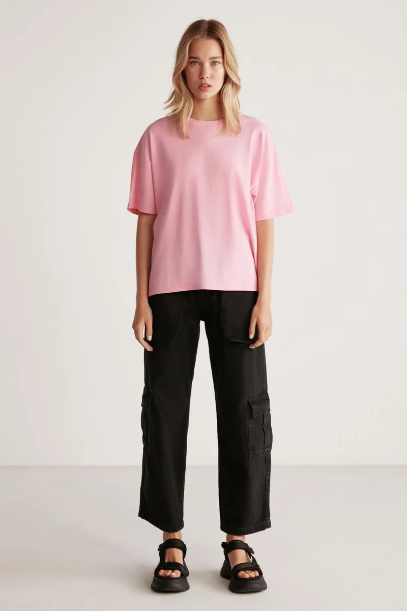 جريميلانج Jemmy Women's Basic Jersey Woven Relaxed 100% Organic Cotton Light Pink T-shirt