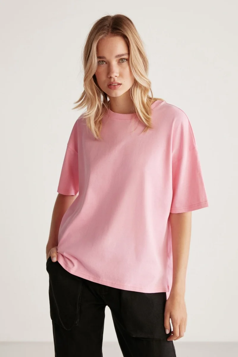 جريميلانج Jemmy Women's Basic Jersey Woven Relaxed 100% Organic Cotton Light Pink T-shirt