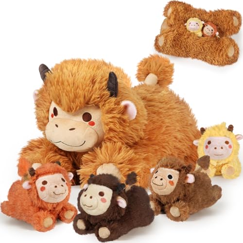 KMUYSL Highland Cow Stuffed Animal for Girls Ages 0 1 2 3 4 5 6 7 8 Years Old Mommy Cow Animals Plush Toys with 4 Baby Calves Soft Animal Stuffed Toys Set Christmas Birthday Gifts for Kids Girls - Image 1