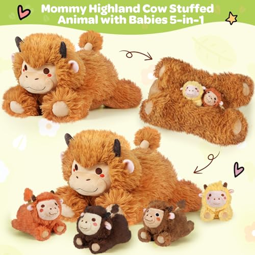 KMUYSL Highland Cow Stuffed Animal for Girls Ages 0 1 2 3 4 5 6 7 8 Years Old Mommy Cow Animals Plush Toys with 4 Baby Calves Soft Animal Stuffed Toys Set Christmas Birthday Gifts for Kids Girls - Image 5