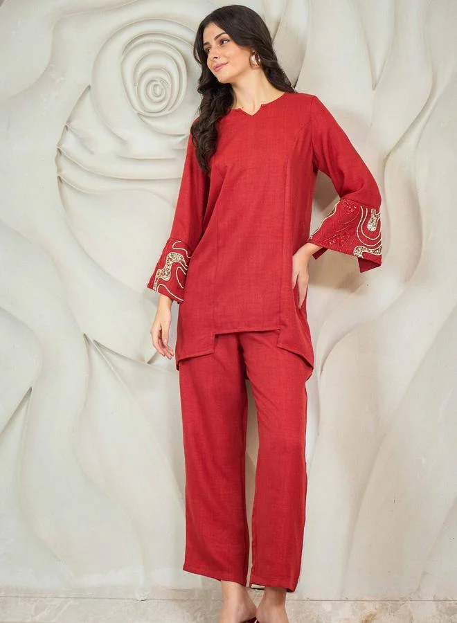 Athena Rust Embroidered Tunic with Trousers Co-Ords