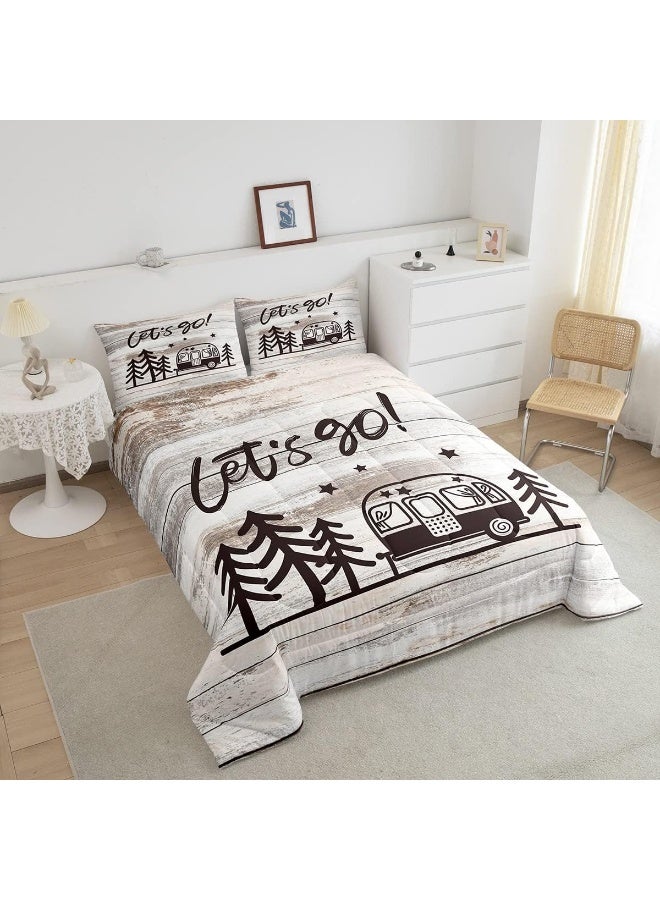 Homewish Happy Camping Comforter Set Queen Size Travel Car and Tree Bedding Set for Kids Boys Girls Bedroom Decoration Camper Bed Duvet Insert Vintage Wood Panels Comforter with 2 Pillowcase  - Image 4