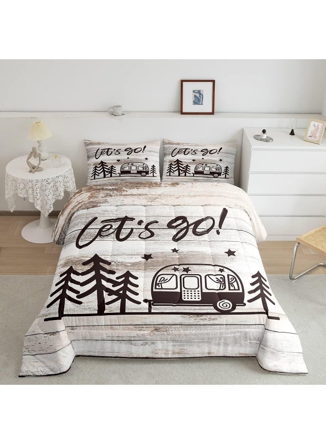 Homewish Happy Camping Comforter Set Queen Size Travel Car and Tree Bedding Set for Kids Boys Girls Bedroom Decoration Camper Bed Duvet Insert Vintage Wood Panels Comforter with 2 Pillowcase  - Image 1