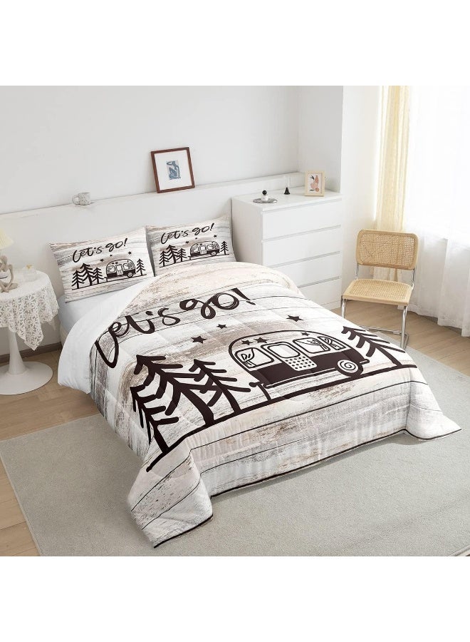 Homewish Happy Camping Comforter Set Queen Size Travel Car and Tree Bedding Set for Kids Boys Girls Bedroom Decoration Camper Bed Duvet Insert Vintage Wood Panels Comforter with 2 Pillowcase  - Image 2