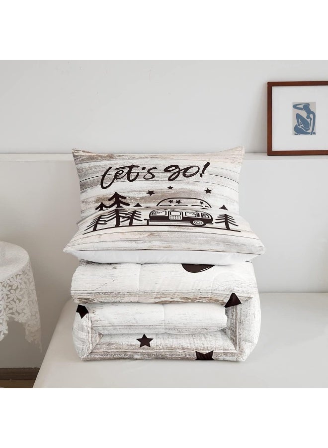 Homewish Happy Camping Comforter Set Queen Size Travel Car and Tree Bedding Set for Kids Boys Girls Bedroom Decoration Camper Bed Duvet Insert Vintage Wood Panels Comforter with 2 Pillowcase  - Image 5