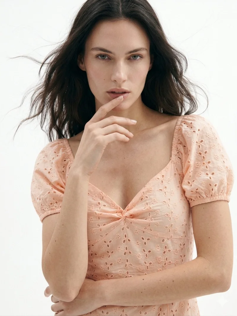 أوجيدر Peach Sweetheart Neck Schiffli Dress