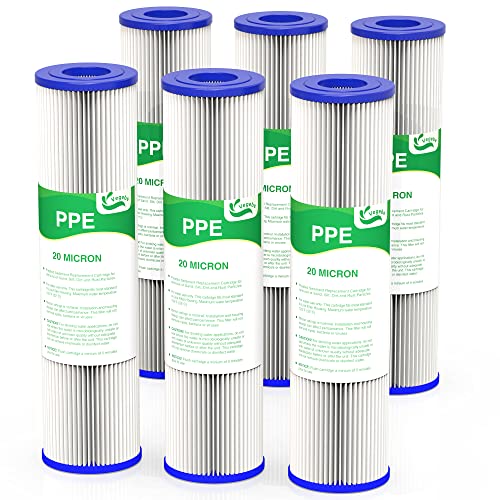 VEGEBE 20 Micron Water Filter 10" x 2.5", 10-inch Whole House Sediment Pre-Filters for Well & Tap water, Replacement Cartridge for FXWPC, EQ-PFC35, ECP5-10, S1, 3WH-STDPL-F02, SPC-25-1005, 6-Pack - Image 1