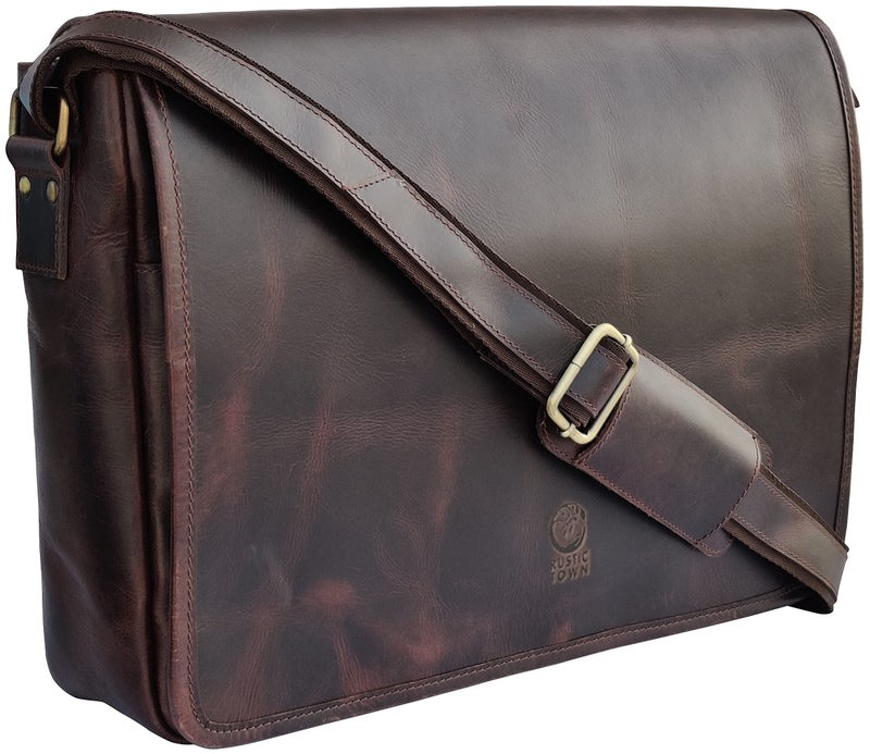 RUSTIC TOWN Leather Messenger Bag for Men Women - Full Grain Leather Laptop Satchel Office Shoulder Bag (16-Inch, Dark Brown) - Image 1