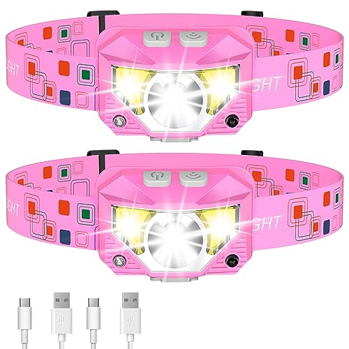 LHKNL Headlamp Flashlight, High Lumen Bright LED Rechargeable Headlight with White Red Light, 2-Pack Waterproof Motion Sensor Head Lamp, 8 Mode for Camping Running Hiking Fishing Gear- Pink - Image 1