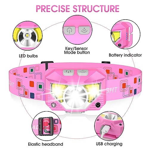 LHKNL Headlamp Flashlight, High Lumen Bright LED Rechargeable Headlight with White Red Light, 2-Pack Waterproof Motion Sensor Head Lamp, 8 Mode for Camping Running Hiking Fishing Gear- Pink - Image 2