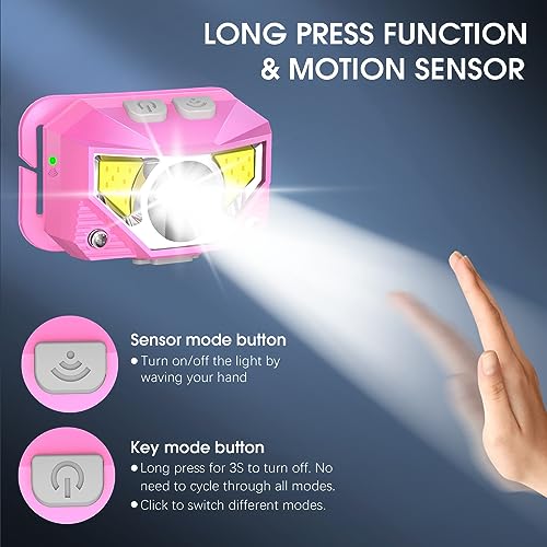 LHKNL Headlamp Flashlight, High Lumen Bright LED Rechargeable Headlight with White Red Light, 2-Pack Waterproof Motion Sensor Head Lamp, 8 Mode for Camping Running Hiking Fishing Gear- Pink - Image 3