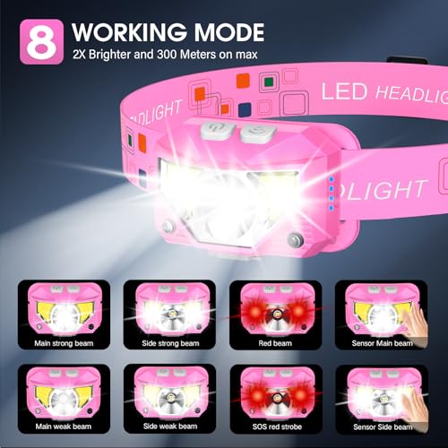 LHKNL Headlamp Flashlight, High Lumen Bright LED Rechargeable Headlight with White Red Light, 2-Pack Waterproof Motion Sensor Head Lamp, 8 Mode for Camping Running Hiking Fishing Gear- Pink - Image 4