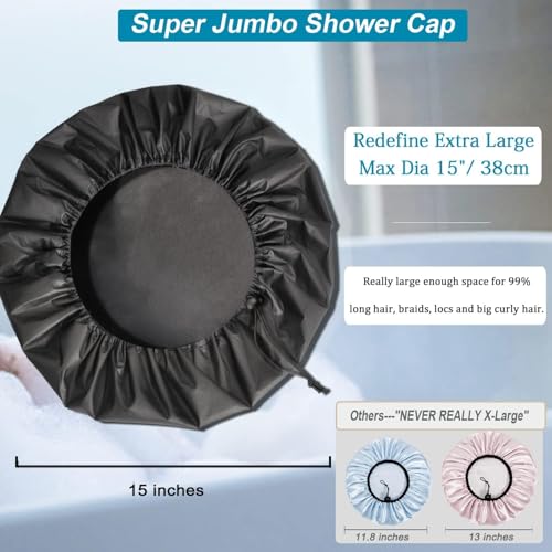 Sheomern 3 Pcs Super Jumbo Adjustable Satin Lined Shower Caps for Long Hair & Braids, Extra Large Shower Cap for Women & Men, Reusable XL with Waterproof Edge for Dreadlocks, Locs (Black) - Image 2