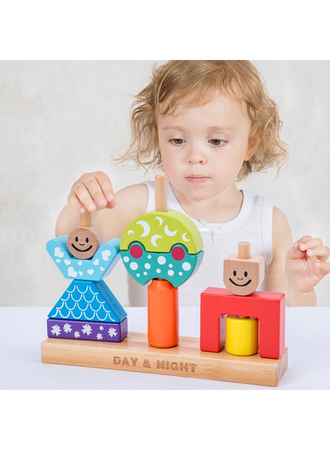 Wooden Puzzle Early Education Children Boxed Puzzle Shape Digital Cognitive Puzzle Toy Intellectual Creative Building Blocks Toy-Color:MZM-day And Night Building Blocks - Image 1