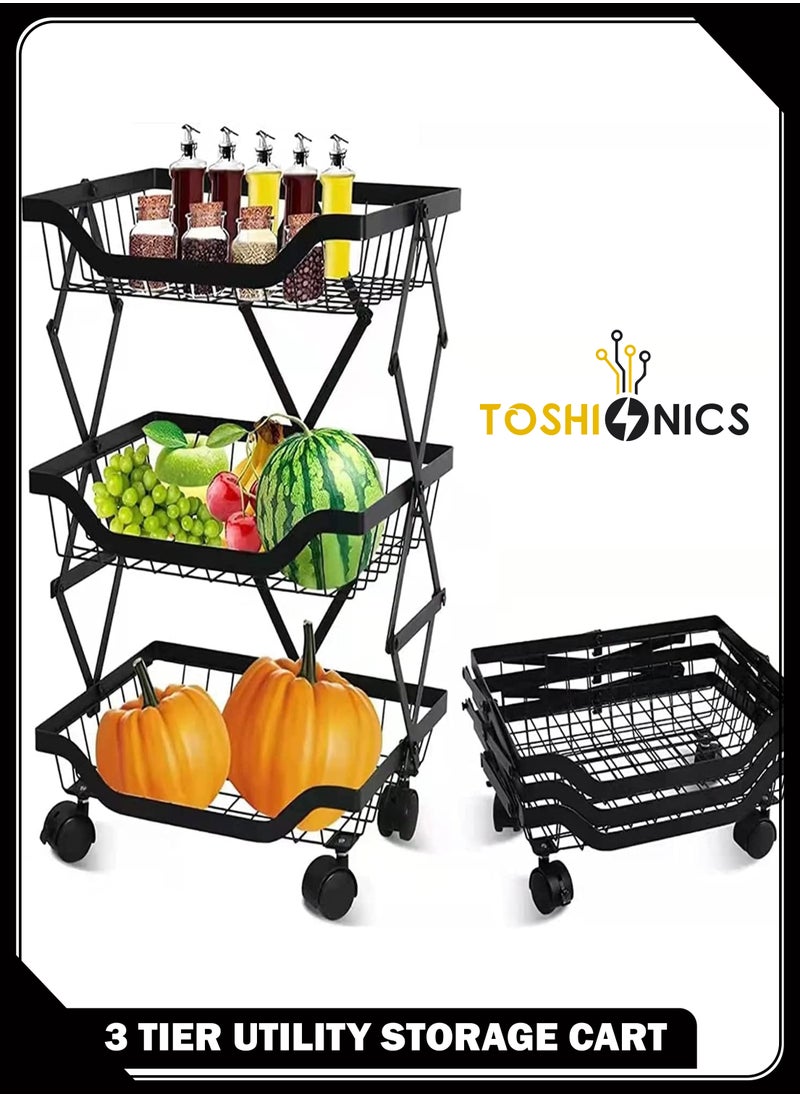 Toshionics 3-Tier Utility Cart Foldable Storage Rack Organizer with Rolling Wheels Collapsible Cart Organizer with Casters Heavy-Duty Carbon Steel Pantry Storage Cart for Snacks Kitchen Bedroom Bathroom Office Laundry Garage Spa and Salon Home Organizer Cart  - Image 1