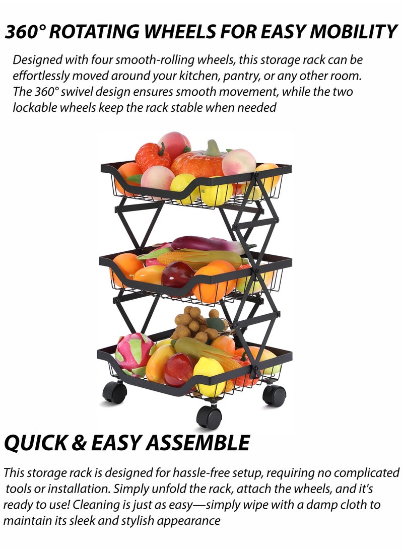 Toshionics 3-Tier Utility Cart Foldable Storage Rack Organizer with Rolling Wheels Collapsible Cart Organizer with Casters Heavy-Duty Carbon Steel Pantry Storage Cart for Snacks Kitchen Bedroom Bathroom Office Laundry Garage Spa and Salon Home Organizer Cart  - Image 5
