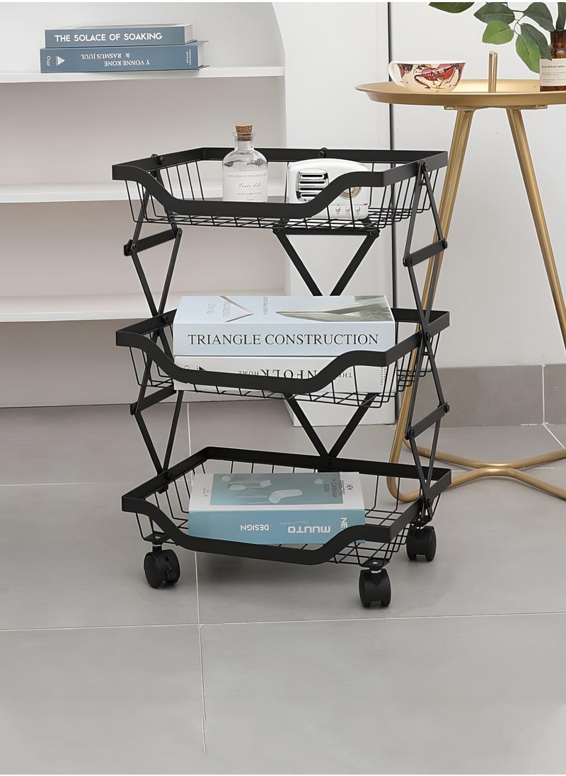 Toshionics 3-Tier Utility Cart Foldable Storage Rack Organizer with Rolling Wheels Collapsible Cart Organizer with Casters Heavy-Duty Carbon Steel Pantry Storage Cart for Snacks Kitchen Bedroom Bathroom Office Laundry Garage Spa and Salon Home Organizer Cart  - Image 2