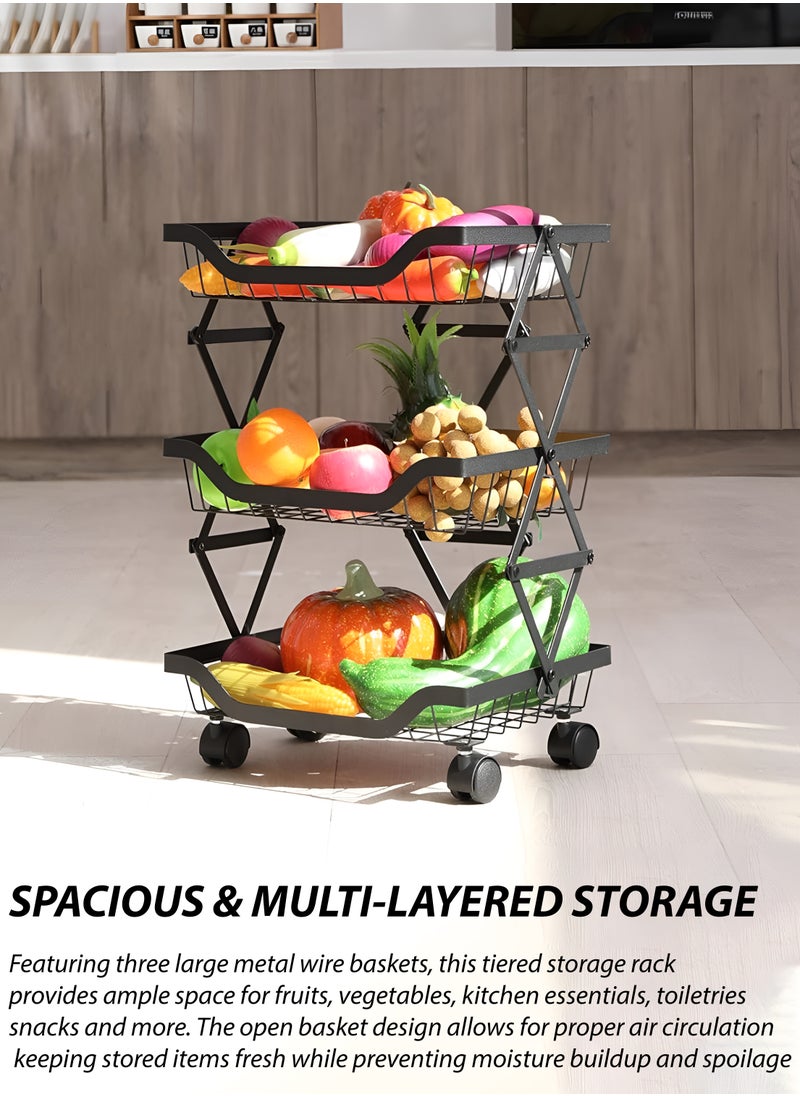 Toshionics 3-Tier Utility Cart Foldable Storage Rack Organizer with Rolling Wheels Collapsible Cart Organizer with Casters Heavy-Duty Carbon Steel Pantry Storage Cart for Snacks Kitchen Bedroom Bathroom Office Laundry Garage Spa and Salon Home Organizer Cart  - Image 3