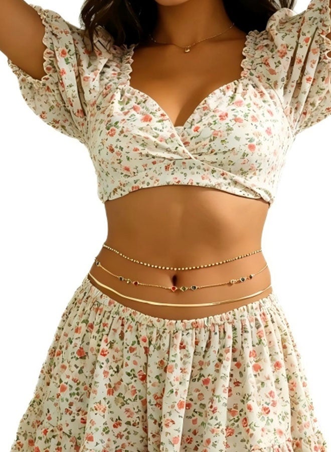 Happy D Layered waist chain with stacked metal chains and heart-shaped rhinestones - Image 2