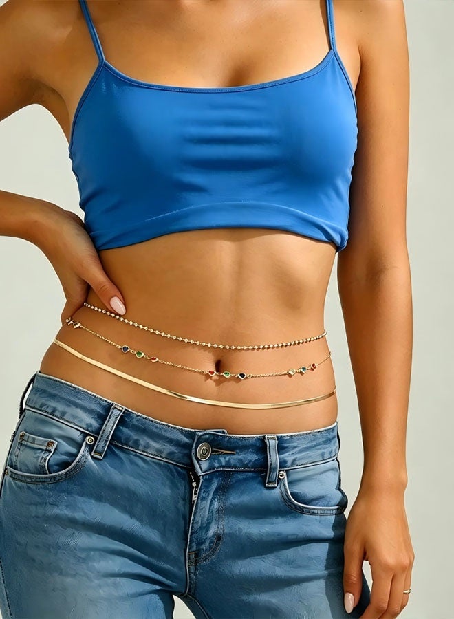 Happy D Layered waist chain with stacked metal chains and heart-shaped rhinestones - Image 3