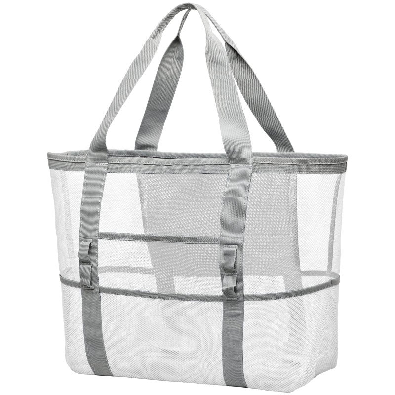 F-color Mesh Beach Bag - Oversized Beach Tote 9 Pockets Pool Bag, White - Image 1