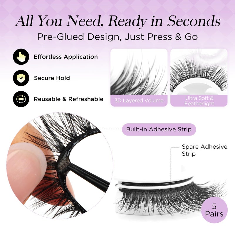 BEYELIAN Self Adhesive Eyelashes Natural Look, Pre Glued Wispy False Lashes No Glue Required, Faux Mink Eyelashes 5 Pairs ZCV-204 - Image 2