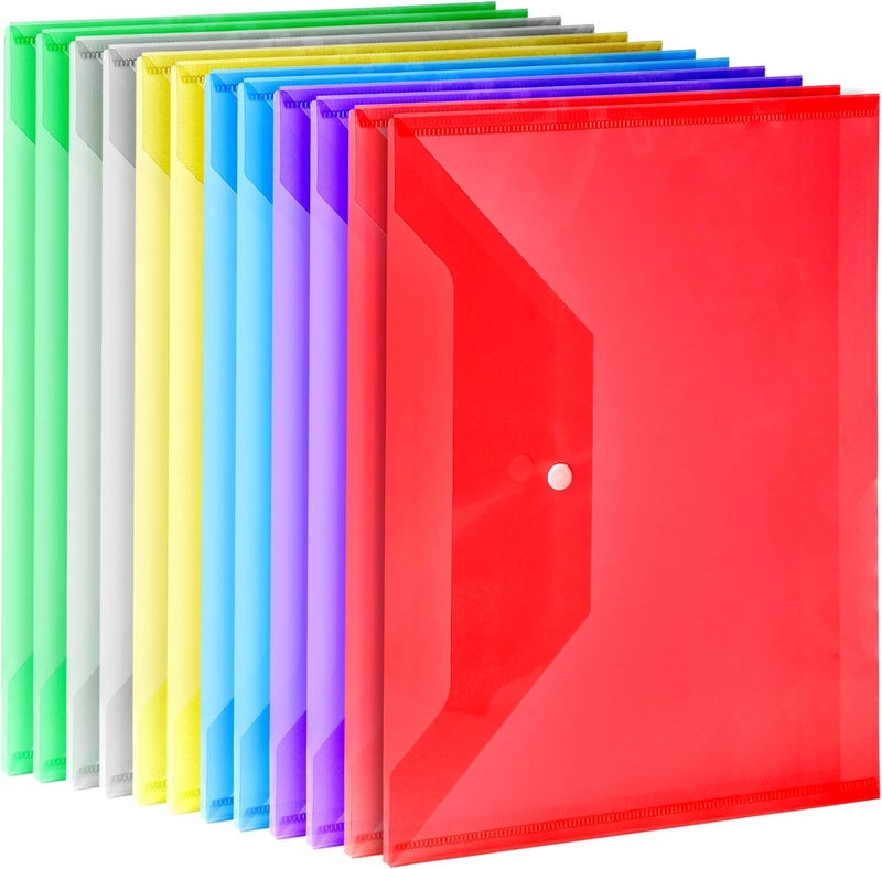 LEOBRO 12 Pack Plastic Envelopes Poly Envelopes, A4 Clear File Bags Document Folders Document Organizers with Snap Button for Document Stationery Tools Organization, in 6 Assorted Colors - Image 1