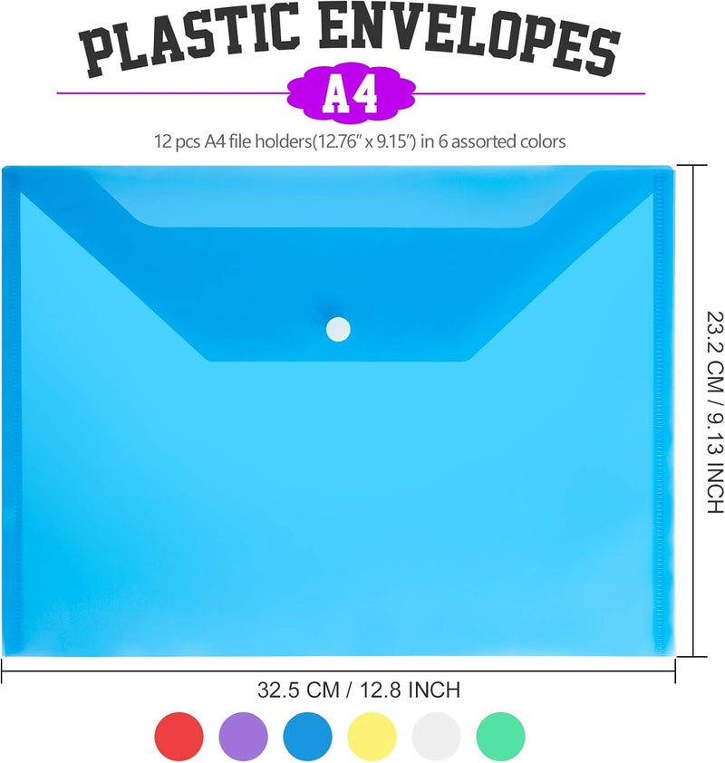 LEOBRO 12 Pack Plastic Envelopes Poly Envelopes, A4 Clear File Bags Document Folders Document Organizers with Snap Button for Document Stationery Tools Organization, in 6 Assorted Colors - Image 2