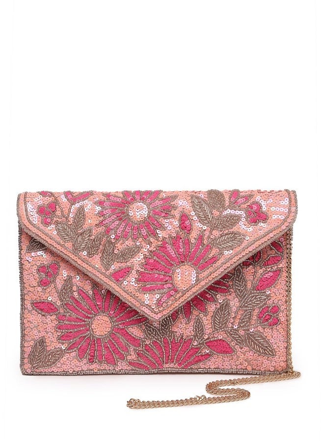 Anekaant Lush Flamingo Pink, Magenta & Pale gold Floral Embellished Satin Sling Bag - Image 1