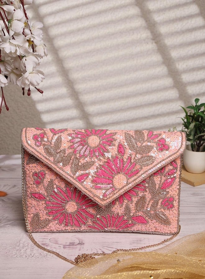 Anekaant Lush Flamingo Pink, Magenta & Pale gold Floral Embellished Satin Sling Bag - Image 3