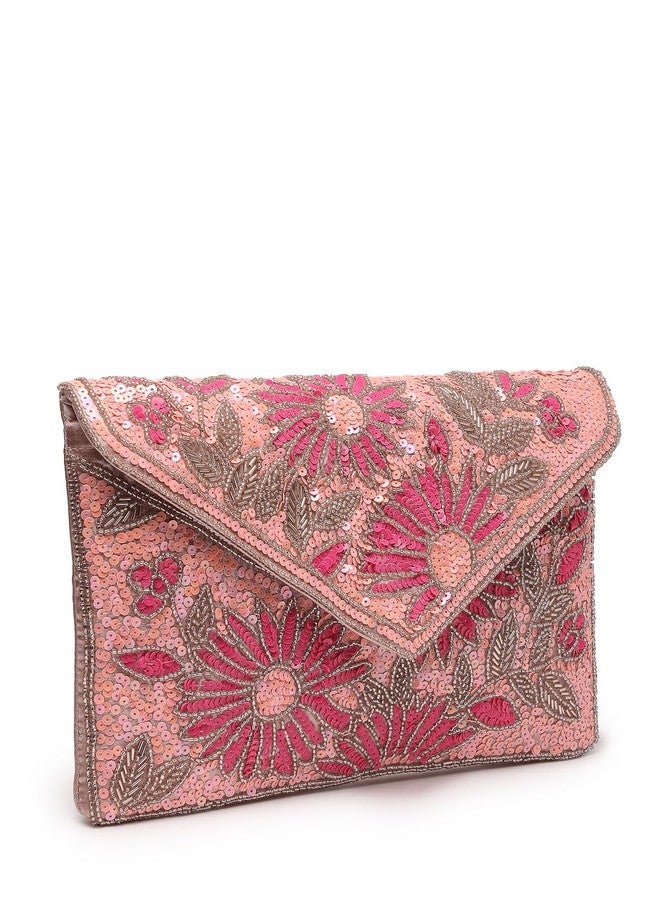 Anekaant Lush Flamingo Pink, Magenta & Pale gold Floral Embellished Satin Sling Bag - Image 4