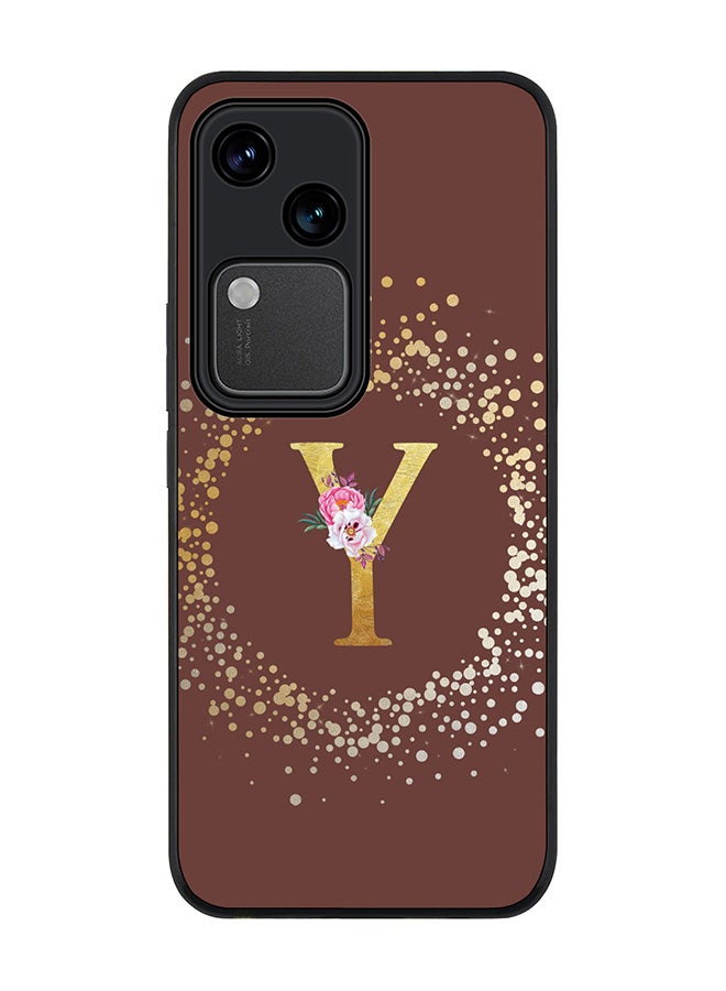 Stylizedd Rugged Black edge case for Vivo V30 5G, Slim fit Flexible Cover -  Custom Monogram Initial Letter Floral Pattern Alphabet - Y  (Brown ) - Image 1