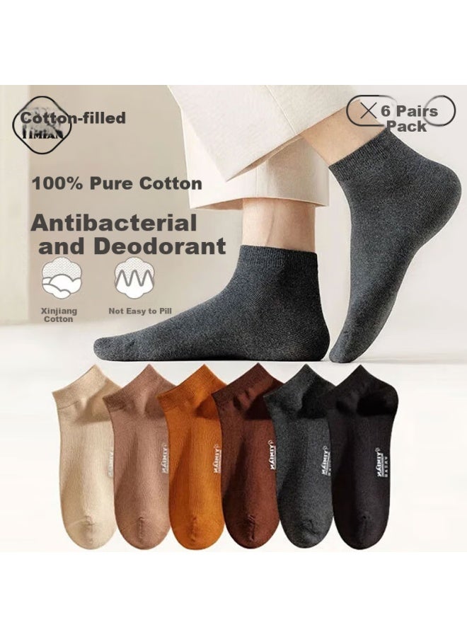 Yimian Men's Socks, 100% Pure Cotton, Short Summer Thin Breathable Antibacterial Deodorant Boat Socks, Low-cut Ankle Socks, 6 Pairs - Image 1