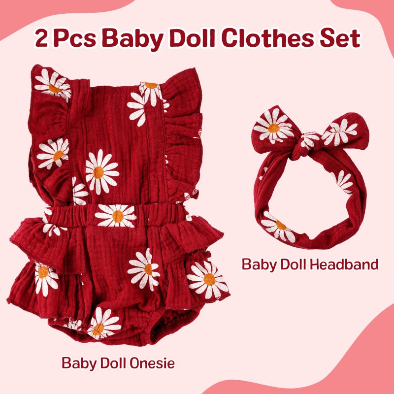 BABESIDE 2 Pcs Reborn Baby Doll Clothes for 17-22 Inch Dolls, Baby Doll Outfit Accessories with Floral Pattern fit Realistic Babydolls Girl Boy, Wine Red - Image 5