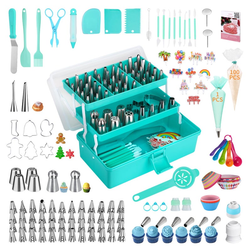 Cake Decorating Supplies Tools Kit 358 pcs Baking Accessories with Storage Case Piping Bags and Icing Tips Set Puffs Christmas Cookie Cutters Cupcake Set for Beginners or Professional Mint Green