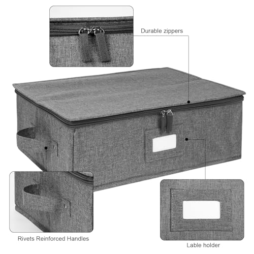 popoly China Storage Containers Hard Shell 2 Pack, Platter Storage Case 17" x 13" x 6", 5 Felt Dividers Included, Structured Top and Stackable (Linen Grey) - Image 3