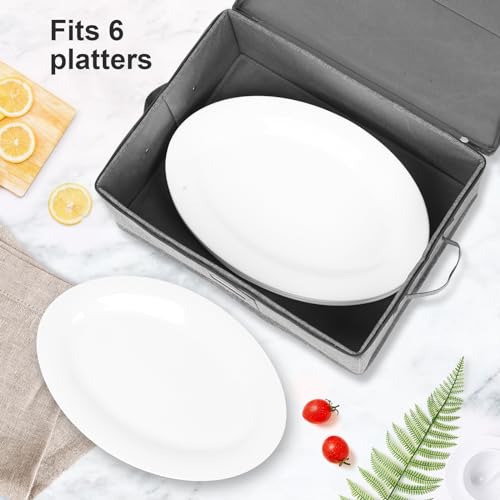 popoly China Storage Containers Hard Shell 2 Pack, Platter Storage Case 17" x 13" x 6", 5 Felt Dividers Included, Structured Top and Stackable (Linen Grey) - Image 2