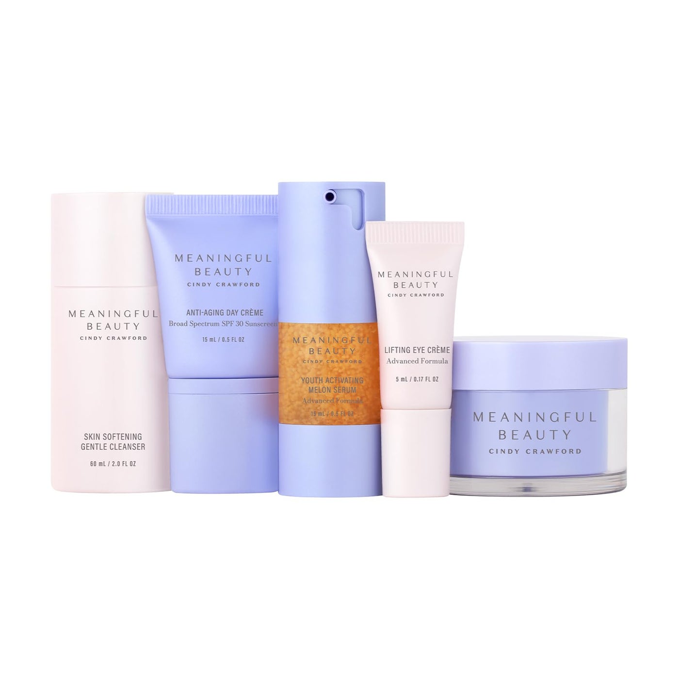 Meaningful Beauty Complete Anti-Aging Skin Care Set with Cleanser, Day Crème SPF 30, Face & Eye Serums and Lifting Eye Crème, Hydrating Daily Skin Care Routine for Women, Travel Ready Sizes