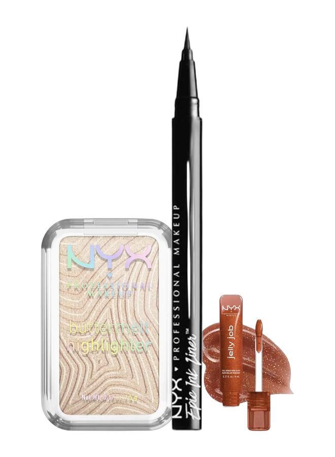 NYX PROFESSIONAL MAKEUP Epic Ink Liner, Waterproof Liquid Eyeliner, Vegan Formula Black & Jelly Job, Full-Bodied Shine Gloss, Lip-Smoothing Shine, Hyper-Glossy Finish, Bling Me Jelly & Buttermelt Highlighter Powder Highlighter 12 HR Wear Fade And Transfer Resistant Bright And Butta Bundle - Image 1