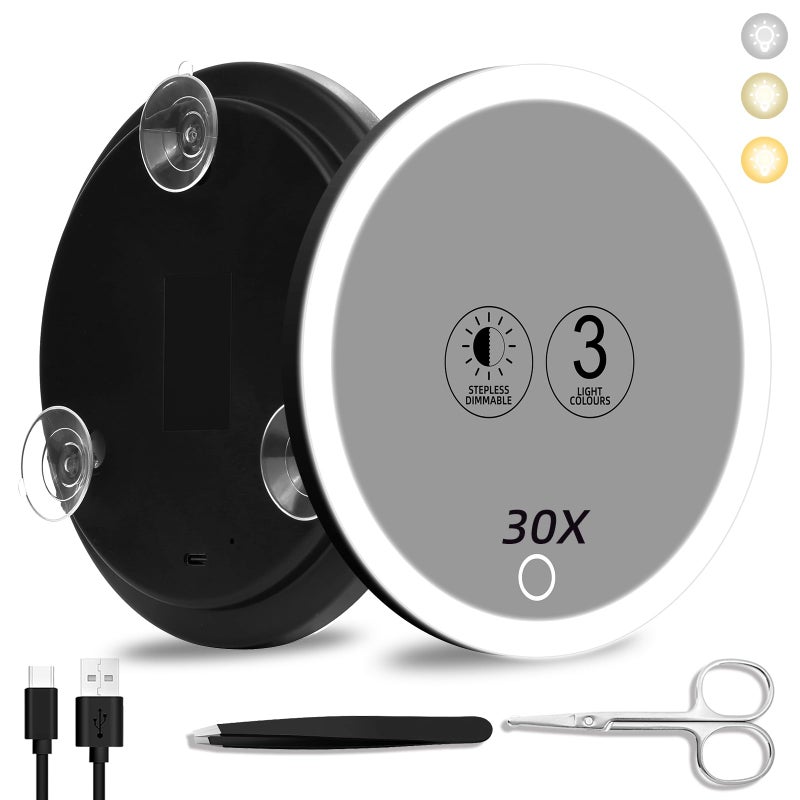 Suupvaor 30x Magnifying Mirror With Light 3 Colors Dimming Lighted With 3 Suction Cups Travel Light Up High Magnification Makeup Mirror With Tweezers Scissors