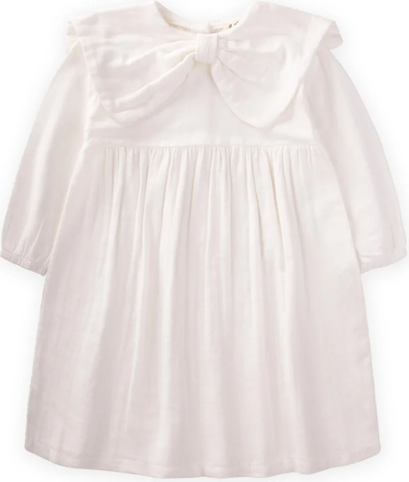 Cigit Seasonal Muslin Girl Dress with Bow Collar, 2-10 Years Off White