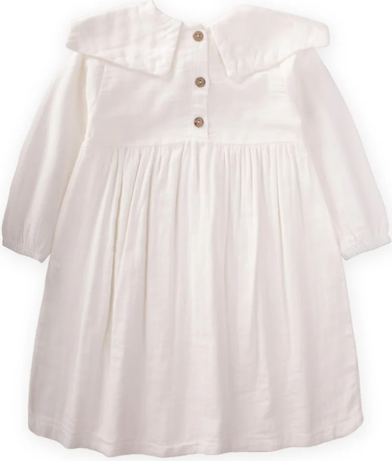 Cigit Seasonal Muslin Girl Dress with Bow Collar, 2-10 Years Off White
