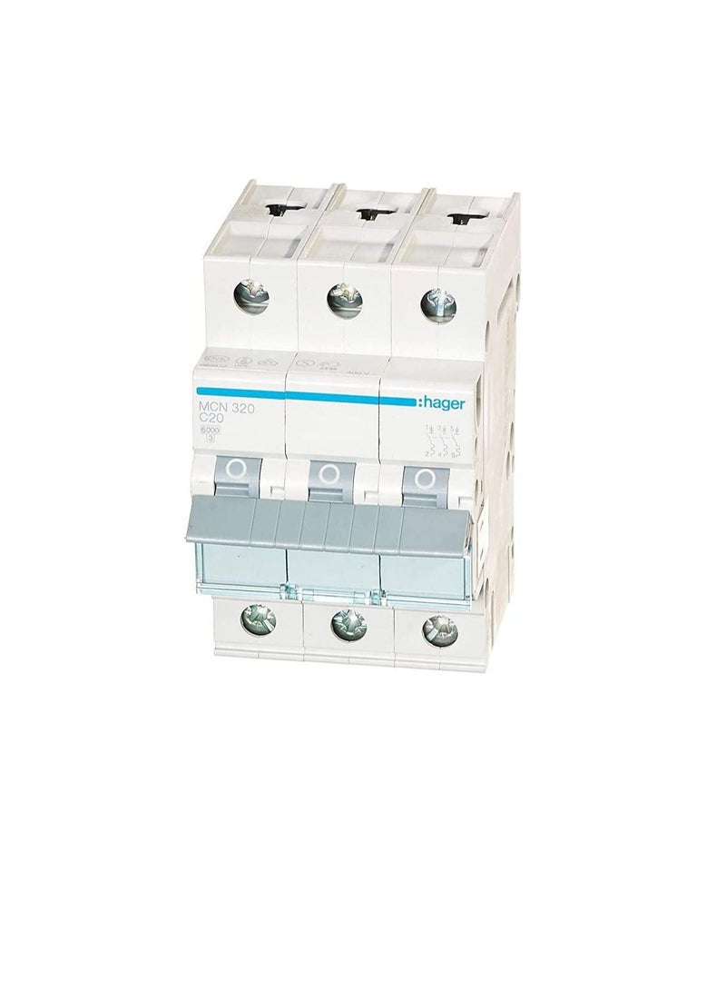 Hager HAGER Miniature circuit breaker Three Pole 20A 6KA TP MCB TYPE C MCN320 *ONEKONEKT  - Image 1