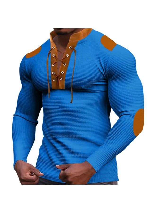 Men's Waffle Color Matching Strap V-neck Top Casual Long-sleeved Bottoming T-shirt for Men Vintage T Shirt - Image 1
